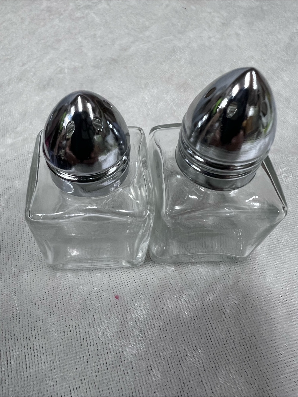 Clear miniature Glass Salt & Pepper Shakers w/Silver Caps ROC made in Taiwan